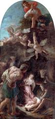 The Adoration of the Shepherds painting by Alessandro Turchi depicting the nativity scene with shepherds worshipping baby Jesus