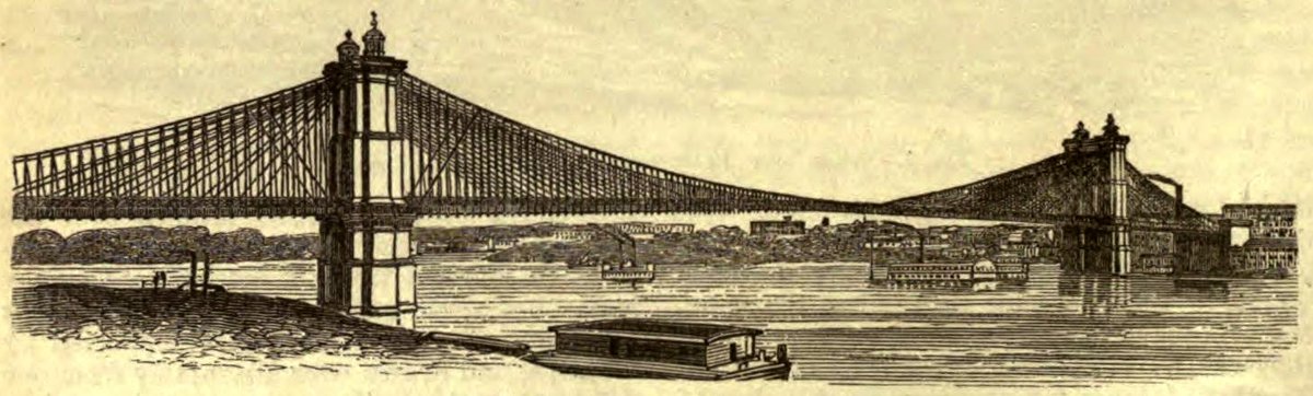 Woodcut drawing of Roebling's suspension bridge over the Ohio River at Cincinnati
