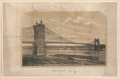 Wood engraving of John A. Roebling Bridge over Ohio River connecting Cincinnati, Ohio and Covington, Kentucky