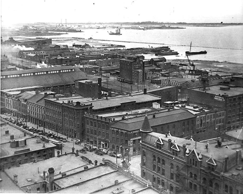 Aerial view of Front and Church Streets in Toronto with Gooderham Building and St. Lawrence Market
