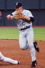 Cincinnati Reds second baseman Todd Walker sliding to base as Seattle Mariners second baseman Bret Boone turns double play at Cinergy Field 2002