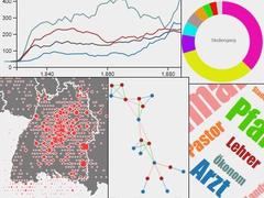 Colorful visualizations including graphs, relationship diagrams, maps, and bubble charts representing Tübingen student data
