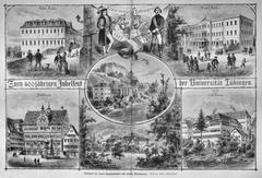A detailed black and white illustration of Tübingen with its main buildings and the Bebenhausen Monastery from 1877, captured from nature.