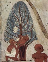 Ancient Egyptian mural painting depicting a seated figure with hieroglyphic inscriptions