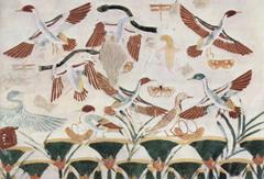 Ancient Egyptian artwork depicting a reclining figure in a tomb chamber