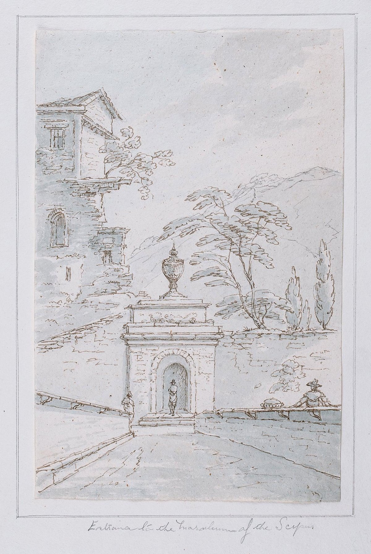 Entrance to the Mausoleum of the Scipios near Rome pencil ink wash drawing