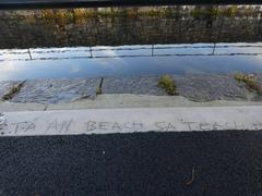 Irish-language graffiti on newly laid concrete beside a canal