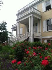 Yellow house front facade with vibrant hot pink roses in the garden