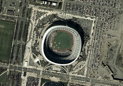 Aerial view of Veterans Stadium and surrounding area in Philadelphia