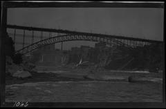 View of the Upper Steel Arch Bridge or Honeymoon Bridge over the Niagara River connecting New York and Canada with factories on the American side