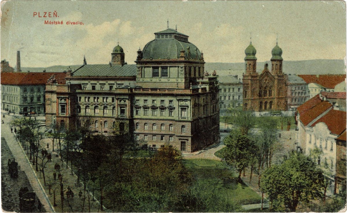 Old view of Plzeň city Theater and Great Synagogue