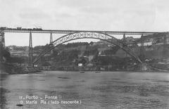 D. Maria Pia Bridge in Porto Portugal with steam locomotive train entering the bridge