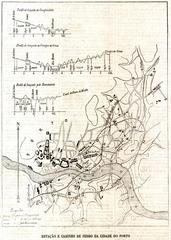 Map showing three proposed railway bridge projects over the Douro River for the Northern Railway section between Vila Nova de Gaia and Porto, Portugal, from 1873 Diario Illustrado publication