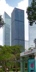 Bank of Guangzhou Tower skyscraper against blue sky