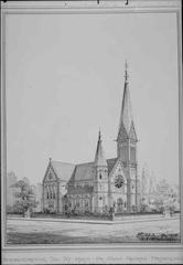Exterior view of Gustav Vasa Church architectural drawing by Adolf Emil Melander 1898
