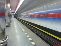 Ladvi metro station platform in Prague with modern design and yellow safety line