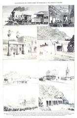 Inauguration of the Barcelona to Villanueva y Geltrú railway in 1882 with the Gumá locomotive, first class wagon interior, triumphal arch in Villanueva, Vallcarca double bridge, cheering Castell de Fels residents, Prat station, commemorative monument stone laying, and Falconera tunnel viaduct.