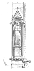 Niches with statues on the flying buttresses around the choir of Le Mans Cathedral, showing arcature and statues on protruding bases