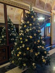 Christmas tree in front of Thália Színház theater on Nagymező utca 22-24 in Budapest