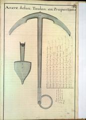 Anchor according to the port of Toulon with proportions, 18th century technical drawing