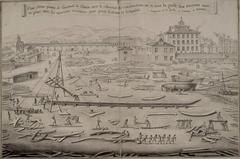 Arsenal de Toulon shipyard around 1670 with ship under construction and marine carpenters working