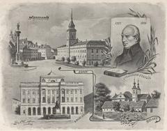 Royal Castle and Staszic Palace in Warsaw with Camaldolese Church and Monastery in Bielany and portrait of Stanisław Staszic