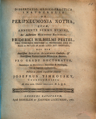 Title page of doctorate dissertation by Ukrainian Josephus Timkousky 'De peripneumonia notha' on false pneumonias