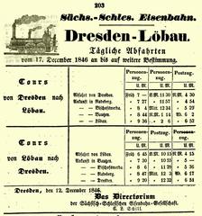 Historic train schedule for the inauguration of the Dresden to Löbau railway on December 17, 1846