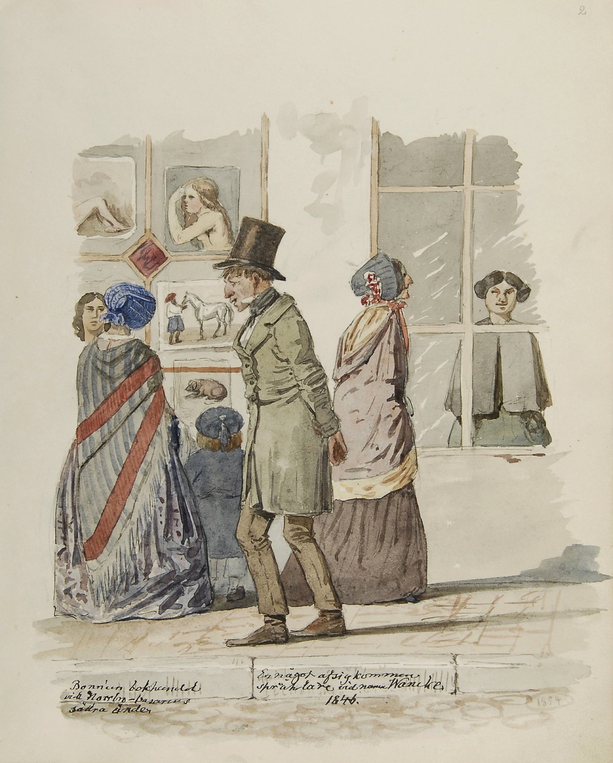 Exterior view of Bonniers bokhandel bookstore at Norrbro in 1846 with a weathered language teacher named Wanke nearby