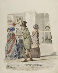 Exterior view of Bonniers bokhandel bookstore at Norrbro in 1846 with a weathered language teacher named Wanke nearby