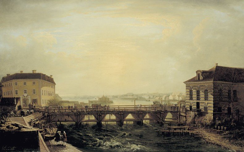 View from Lejonbacken over southern Norrström with old Norrbro bridge, Royal Mint and Royal Stables