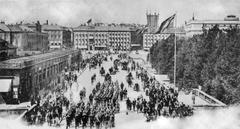 Norrbro bridge in Stockholm around 1900 with horse-drawn carriages and people walking