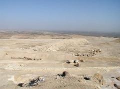 Aerial view of Djedefre's Pyramid and its long causeway extending northeast towards the Nile