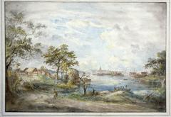 View from Ryssviken near Waldemarsudde towards Stockholm, watercolor painting by Elias Martin