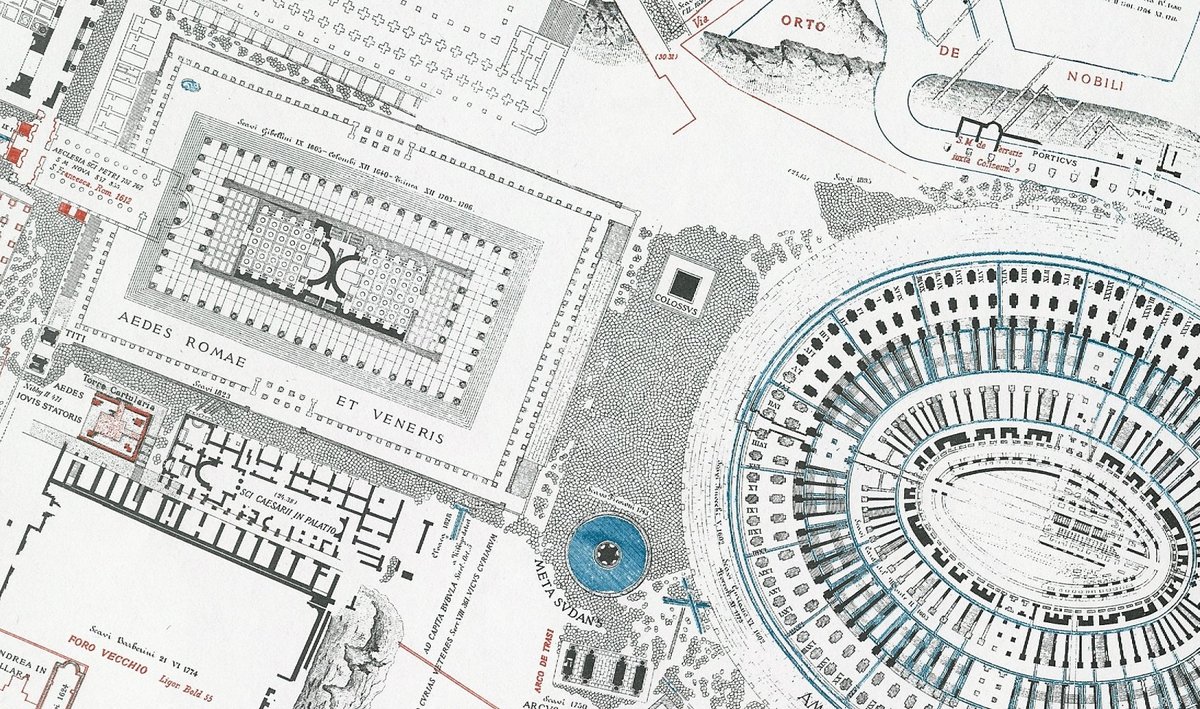 Ancient Roman Forum and Colosseum map by Lanciani 1893-1901