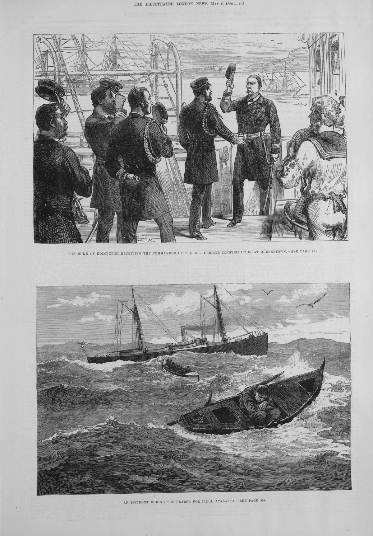 The Duke of Edinburgh receiving the Commander of the US Frigate Constellation at Queenstown and an Incident during the Search for HMS Atalanta, Illustrated London News 1880
