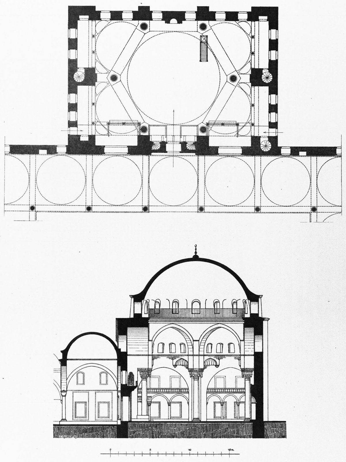 Cross section and architectural plan of Kara Ahmed Pasha Mosque in Istanbul