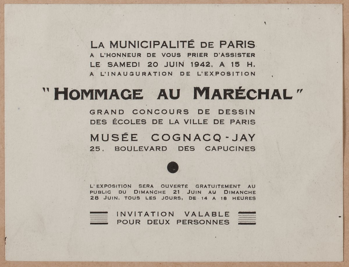 1942 typographic printed invitation card for Paris city schools drawing contest exhibition honoring the Marshal