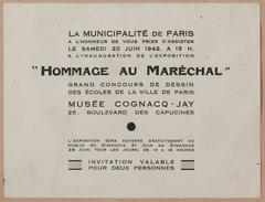 1942 typographic printed invitation card for Paris city schools drawing contest exhibition honoring the Marshal