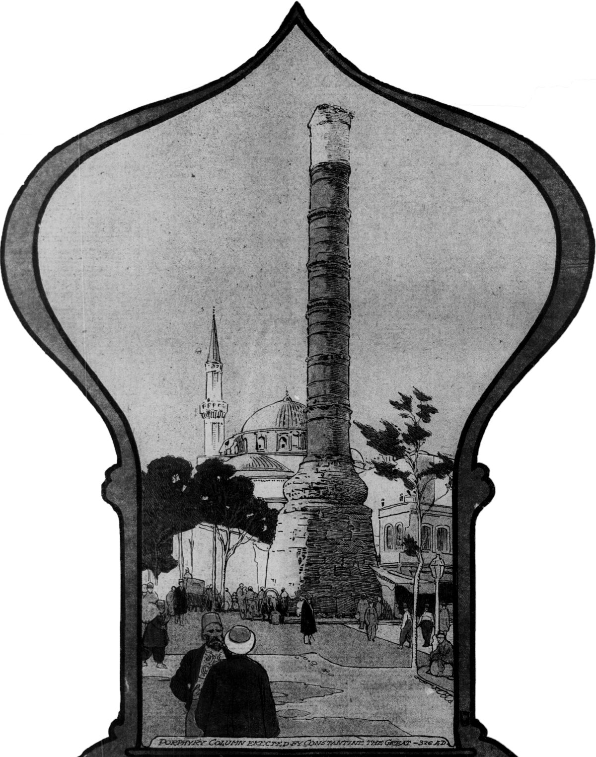 Illustration of the Column of Constantine with Beyazit Mosque in Istanbul