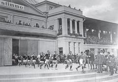 Football teams of Germany and Finland entering the field before the 1925 Workers' Summer Olympiad final in Frankfurt