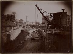 Construction site of Nation metro station in Paris, early 20th century black and white photograph