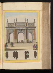 First triumphal arch in Faubourg Saint Antoine during the joyous entry of King Louis XIV of France and Queen Maria Theresa in Paris, 1660 hand-colored etching