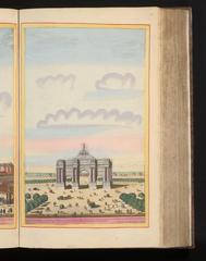 Historic hand-colored etching of the Arc de Triomphe in Paris with pedestrians, riders, and carriages in the foreground