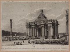 Etching of the ceremonial triumphal arch or throne built at the Barrière de Vincennes for the entry of King Louis XIV and Marie Thérèse of Austria