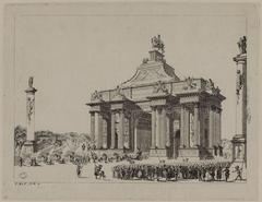 Engraving of the Arc de Triomphe du faubourg Saint-Antoine built in 1670 to honor Louis Le Grand, showing civilians, cavalry, Corinthian columns, and equestrian statue