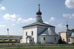 Scenic view of Suzdal historic town with traditional Russian architecture and lush greenery in summer