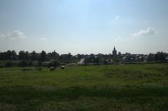 Scenic view of Suzdal town with historic buildings and green trees in Vladimir Oblast, Russia in July 2016
