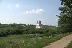Historic town center in Suzdal, Vladimir Oblast, Russia with traditional Russian architecture and clear blue sky in July