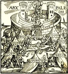 Frontispiece of the course catalog of the Strasbourg Academy from 1578, woodcut style